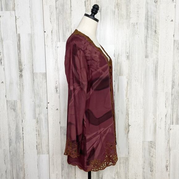 Papillon Embroidered Blouse Brown Tie Dye Button Front Boho Fairy Size M - Picture 4 of 8